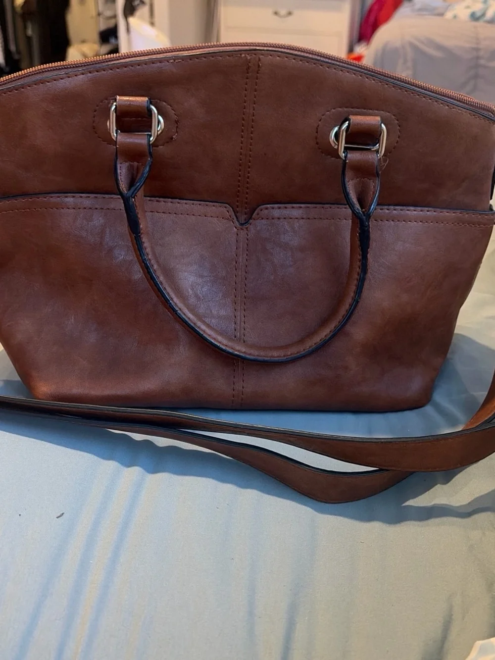 Bueno Brown Faux Leather Top-Handle Satchel with Gold Hardware